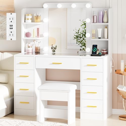 BEWISHOME Makeup Vanity Desk with Mirror and Lights White Vanity Table with Glass Top Power Outlet Stool,Makeup Desk with 9 Drawers and 4 Storage Shelves,Dressing Table for Bedroom Women FST39W