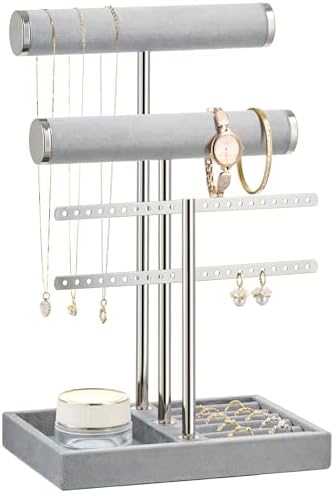 3 Tier Bracelet Holder Display - Detachable T Bar Grey Velvet Bracelet Holder, Jewelry Holder Organizer for Bracelet, Necklace, Earrings, Rings