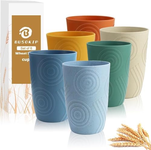 Wheat Straw Cups 6 PCS - 16 OZ Drinking Glasses, Unbreakable Large Cup, Lightweight Cup Set for Kitchen, Alternative to Plastic Cups Reusable Dishwasher Safe Water Tumbler (Multicolor)