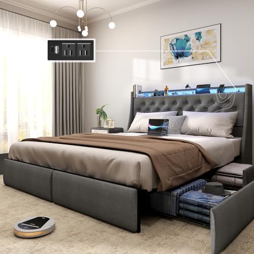 SADENICEL Full Size Bed Frame with Storage Headboard and 4 Drawer, Metal Full Bed Frame Platform with LED Light, Charging Station, No Box Spring Needed, Noise Free, Easy Assembly, Grey