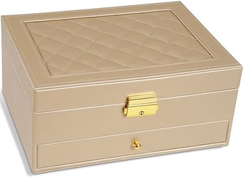 GUOER Jewelry Box for Women Girl Wife - Large PU Leather Jewelry Organizer Storage Case with Two Layers Display for Earrings Bracelets Rings Watches (Champagne)