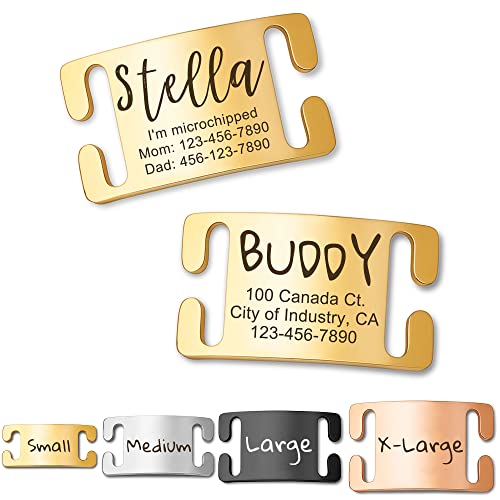 Anavia Slide On Silent Pet ID Tags, Personalized Engraved Multi-Color Plated Stainless Steel Cat Dog Name Tags, Glossy Customized Chew-Proof Quiet Dog Collar Tags (Large, Gold)