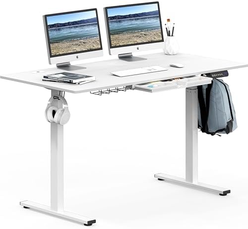SHW 55 x 28 Inches Electric Height Adjustable Standing Desk with Drawer and Memory Preset, White