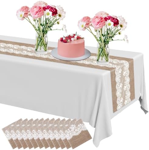 Newwiee 12 Pack Plastic Table Runner 14 x 108 Inch Natural Burlap Printed Disposable Runners Table Decoration for Home Farmhouse Kitchen Wedding Holiday Party (Lace)