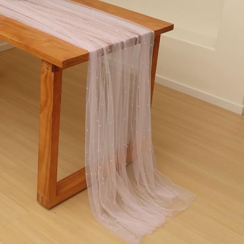 10 FT White Pearl Table Runner Tulle Fabric Lace Table Runners for Bridal Shower Birthday Party Wedding Arch Veil Dessert Table Decorations 29.5x120 Inches