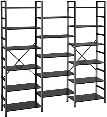 SUPERJARE Triple 6 Tier Bookshelf, Bookcase with 17 Open Display Shelves, Wide Book Shelf Book Case for Home & Office, Black