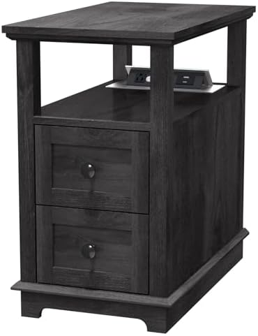 HIFYOBRO Narrow End Table with Flip Top Charging Station and 2 Drawers, Type-C & USB Port & Power outlets, Wooden Storage Cabinet, Side Table with Storage for Living Room and Bedroom