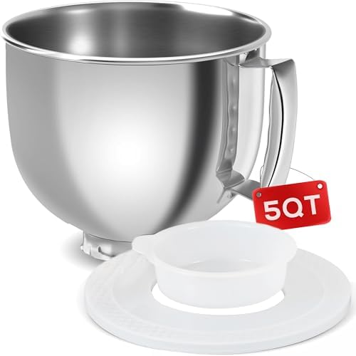 5QT Stainless Steel Mixer Bowl with Cover - Compatible with KitchenAid Tilt-Head Stand Mixers 4.5-Quart (4.3 L) & 5-Quart (4.7 L), Replacement Mixing Bowl with Splash-Proof Lid Set for Dishwasher Safe