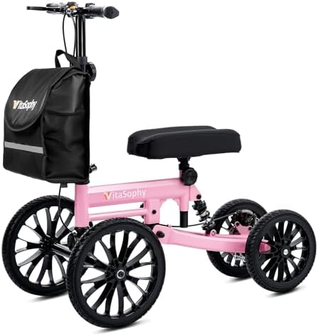 All Terrain Knee Scooter with Disc Brakes, Steerable Knee Walker for Adults for Foot Surgery, Broken Ankle- Foldable Rover Scooter for Broken Foot Injured Leg Crutch (Pink)