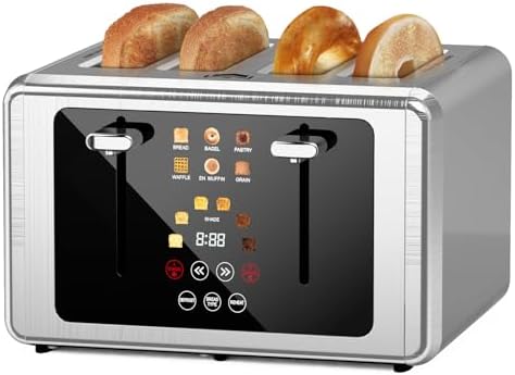 4 Slice Toaster, Touchscreen & Dual Independent Control Panelï¼Œ5 Basic Functions & Digital Countdown Toasters, 6 Shade Settingsï¼†6 Bread Types, Smart Bread Maker Mute/Screen-Off,Platinum