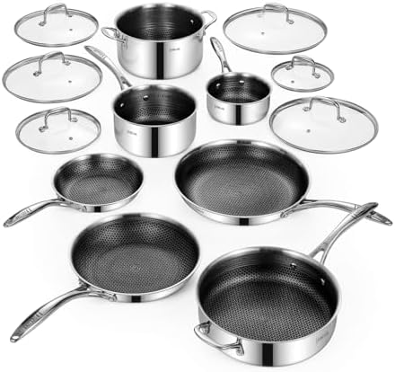 Deluxe 13 Piece Hybrid Ceramic Nonstick Stainless Steel Cookware Set-5 Piece Frying Pan Set, 6 PC Pot Set, 3.7QT Deep SautÃ© Pan&Lid, Induction Ready, Stay Cool, PFOA Free Compatible with All Cooktops