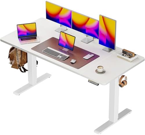 Huuger 55 x 28 Large Electric Standing Desk, Height Adjustable Copmuter Desk, 27.6" Deep Desktop, Stand up Gaming Office Table with 2 Hooks, 3 Preset Heights, for Home Office, White