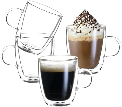 Double Wall Insulated Glass Coffee Mugs set of 4-13.5 oz Clear Hand Blown Glass Coffee Cups with Handle for Cappuccino, Latte,Espresso,Tea Bags,Americano,Beverages, Coffee Lovers Gifts