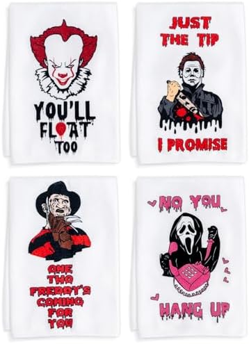 4 Pack Horror Movie Character Kitchen Dish Towels Set - 23 x 15 Inch Terrifier Merch for Halloween Movie Collection, Horror Tea Towels Gifts for Women, Scream Merchandise Gifts for Michael Myers Decor