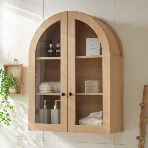 Bathroom Arched Wall Cabinet Over The Toilet Storage Cabinet, 23.5×31.4 Inch bathroom cabinet wall mount with Glass Doors & Adjustable Shelves, Wood Cabinet for Laundry Room, Bedroom Kitchen，Natural
