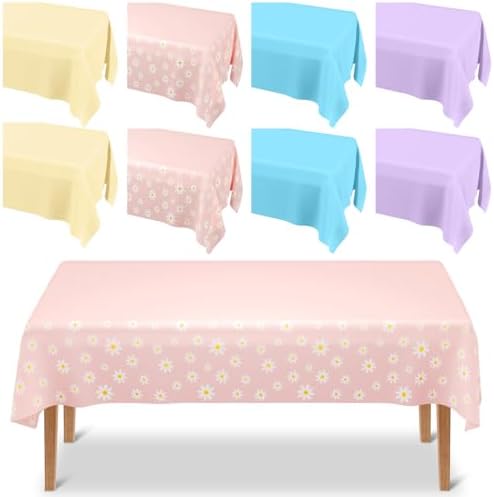 Oudain 8 Pack Blue Dog Plastic Tablecloths 108 × 54 Inch Blue Yellow Purple and Pink Daisy Flower Table Cloth Disposable Rectangle Table Covers for Weddings Baby Shower Birthday Party Supplies