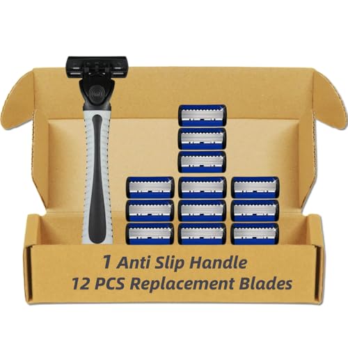 6-Blade Razor for Men, Men's Razors Set Includes Handle & Blade Refills, Precision Manual Beard Trimmer Safety Men Shaving Essentials Kit Travel Face Cleansing Shaver (1 Razor + 12 Blades)