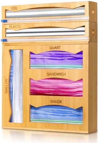 6-in-1 Magnetic Bamboo Drawer Organizer for Food Bags and Wraps Adjustable Compartment Storage with Dispenser and Cutter Fits Gallon Quart Sandwich and Snack Sizes