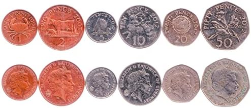 6 Coins from Guernsey | Giernesiais Coin Set Collection 1 2 5 10 20 50 Pence | Circulated 1998-2012 | Elizabeth II | Cattle | Crab | Tomato | Freesia | Cogwheel