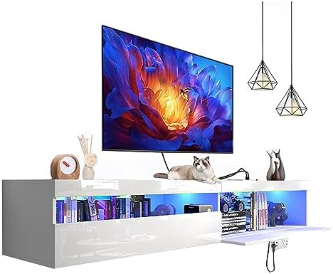 Floating TV Stand with Led Lights,71" Wall Mounted Entertainment Center with Storage,TV Cabinet Stand with Power Outlet, Modern Wall Mounted Wood Media Console for Living Room,Bedroom