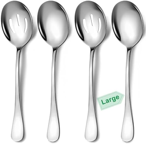 4-Piece Stainless Steel Serving Spoon Set, Includes 2 Large Serving Spoons, 2 Slotted Spoons - Dishwasher Safe, 10-Inch
