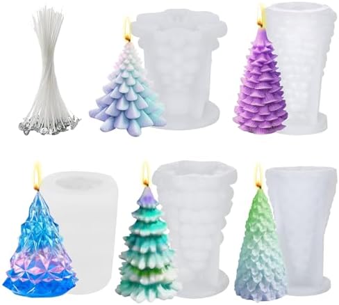 5PCS 3D Christmas Tree Silicone Candle Soap Epoxy Resin Wax Mold Silicone Shapes Christmas Tree Mold for Candle Resin Soap Craft Cake Chocolate Making Kit Christmas Gift Home Party Decoration