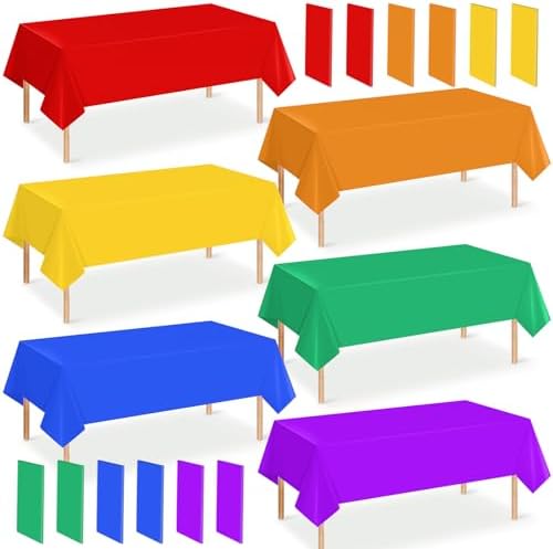 12 Pack 6 Color Rainbow Theme Tablecloth Assorted Color Plastic Tablecloth Disposable Colorful Rectangle Table Covers for Fiesta Wedding Birthday Picnic Graduation Party Decorations, 54 x 108 Inch