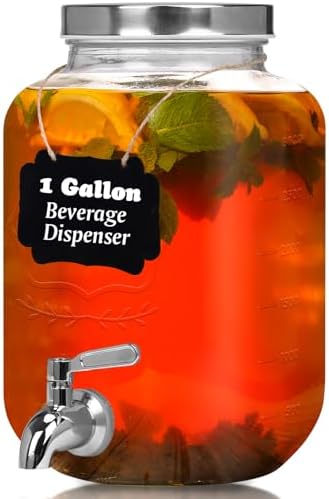 Moretoes 1 Gallon Glass Drinks Dispenser for Parties, Beverage Dispenser for Juice and Iced Tea, Airtight Sun Tea Glass Jar for Outside, Party Essential Beverage Pitcher with Spout