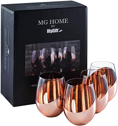 MyGift Stemless Wine Glasses Set of 4 - Copper Accent Modern Barware, Elegant Wedding & Celebration Cups with Luxe Metallic Finish, Dishwasher Safe