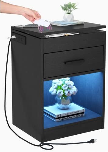 Auromie Nightstand with Charging Station and LED Lights, Concealment Furniture with RFID Lock Cabinet and Power Outlets, Bedside Table with Hidden Compartment for Valuables Storage, Black