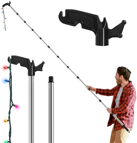 3-15 Ft Christmas Light Hanger Pole with Utility Hook, Extension Pole for Hanging Christmas Lights String Lights Birdfeeder, Christmas Light Pole Hanger Tool Tree, Light Hanging Kit without Ladder