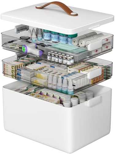 CTIME 3-Tier Medicine Organizer - Portable Medicine Cabinet with Leather Handle, Empty First Aid Kit for Home