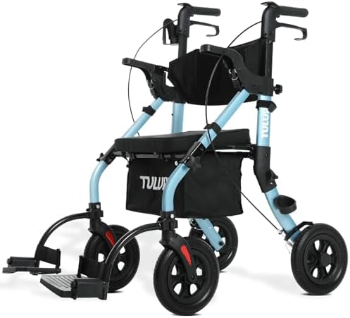 All Terrain Walker Wheelchair Combo,Rollator Walker with Seat for Seniors with Footrest,Transport-Wheelchair Combo,2 in 1 Rolling Walker Chair with Wide Backrest by Tulur (Blue)-New