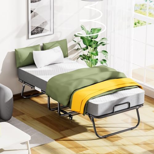 79" x 37" Twin Size Folding Bed for Adults with 5.2" Mattress, Sturdy Portable Foldable on Wheels with Storage Cover, Folding Guest Bed, Rollaway Bed with Metal Frame, Cot Size Extra