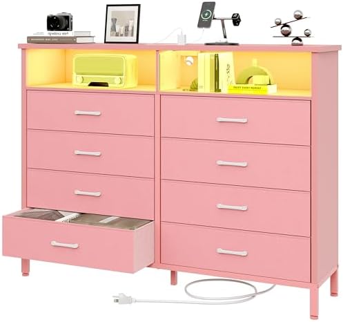 Dresser for Bedroom Pink Bedroom Dresser with LED Lights and Charging Station, 8 Long Fabric Drawers Dressers, Tall Wide Chest of Drawers Storage Organizer TV Stand for up to 60" TV for Living Room