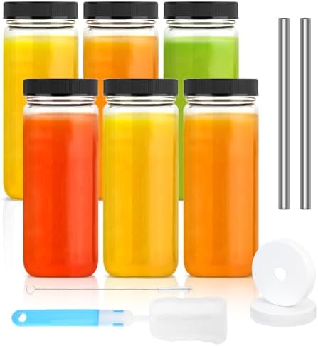 16oz Glass Juice Bottles with Airtight Lids, Juicing Bottles Reusable Glass with 2 Straws & 2 Lids w Hole, Leak-Proof Wide Mouth Drinking Jars for Water, Smoothies, Tea, Mason Jars Set of 6
