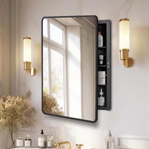 16x24 inch Medicine Cabinet with Mirror, Black Recessed or Surface Wall Mount Bathroom Cabinets with Adjustable Shelves and Metal Framed