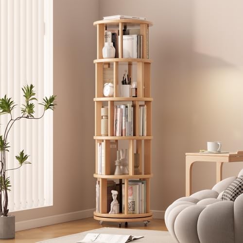 Solid Wood Rotating Bookshelf on Wheels, 5 Tier, Round Revolving Bookcase, 360Â° Spinning Book Shelf Tower for Kids, Narrow Rolling Bookshelves for Small Space, Corner, Bedroom, Office, Natural