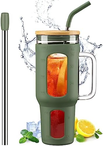 Glass Tumbler with Lid and Straw, 46 oz Iced Coffee Cup with Handle, Large Water Bottles with Silicone Sleeve, Glass Cup with Straws - Pearl Straw & Drinking Straw BPA Free-Olive