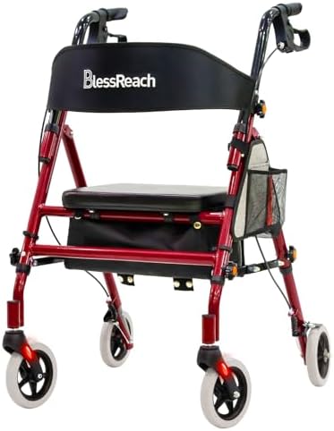 Lightweight Foldable Rollator Walkers with Seat for Seniors, 350 lb Capacity, 5-Position Adjustable Height, Premium Hybrid Rolling Walker - Aluminum and Carbon Steel (Red)