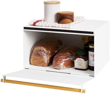 Yamazaki Home Modern Bread Box – Steel + Wood Countertop Bread Storage Container, Large White Bread Box for Kitchen Countertop, Space-Saving Bread Keeper, Easy Access Lid