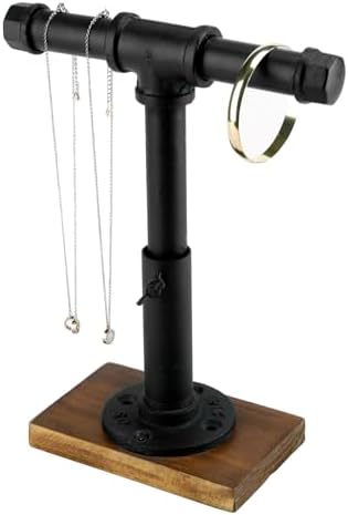 MyGift Industrial Pipe Black Metal T-Bar Jewelry Bracelet & Necklace Adjustable Height Display Stand with Brown Wood Base