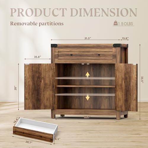 YESHOMY Coffee Bar and Accent Cabinet, Farmhouse Barn Door Buffet Sideboard with Drawer and Adjustable Shelf, Wide Desktop for Kitchen, Dining Room, Bathroom, Entryway, Brown＆Rustic