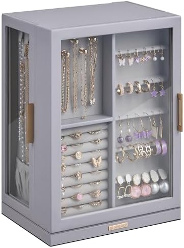 360° Rotating Jewelry Box with 7 Drawers, Spacious Vertical Jewelry Organizer with Glass Window, Jewelry Storage Case, Dustproof & Moisture-resistant Design, Grey