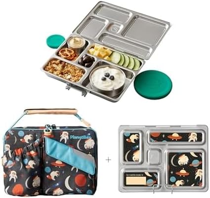 PlanetBox Rover Stainless Steel Bento Box Style Lunch Box Kit for Kids with 5 Compartments, Space Animals Edition includes Insulated Lunch Bag, Leakproof Food Containers and Matching Magnets