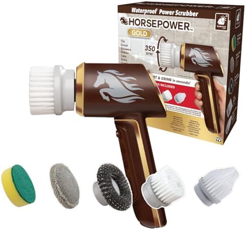 Horsepower Scrubber Gold Edition, Longer Battery Life, Electric Power, Rechargeable, Spins 350 RPM, Waterproof, 5 Brush Heads, AS-SEEN-ON-TV, Cleans Dirt & Grime: Bathrooms, Kitchen, Indoors/Outdoors