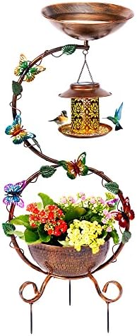 37.8" Bird Bath and Solar Bird Feeders Combo with Flower Planter Pedestal, Metal Bird Baths for Outdoors, Decorative Birdbath with Butterfly for Outside Garden Yard, Weather Resistant