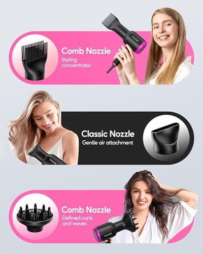 Wavytalk Hair Dryer with Diffuser, Blown Away Ionic Hair Dryer for Curly Hair with Comb, 1875W Fast Drying Blow Dryer with Ceramic Technology, 3 Attachments for All Hair Types, Light and Quiet, Black