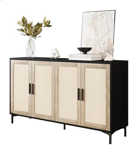 JASIWAY Sideboard - Buffet Cabinet with Storage, Rattan Kitchen Buffet Cabinet Accent Sideboard Cabinets with Doors, Coffee Bar Cabinets Rattan Sideboards for Living Room, Entryway, Black