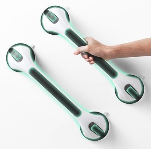 Grab Bars for Bathtubs and Showers 2 Pack Glow in The Dark, 17 inch Suction Grab Bar, Shower Handle Safety Grip Handrail for Seniors and Elderly, Removable Waterproof No Drilling, Black